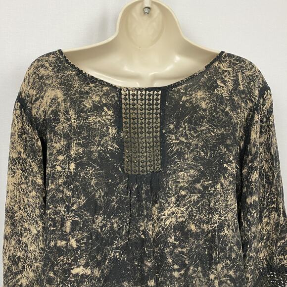 One World Blouse Womens 2X Black Beige Boho Crochet Trim Fairy Grunge Neutral - Picture 6 of 15
